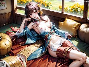A woman in a kimono sitting on a bed.